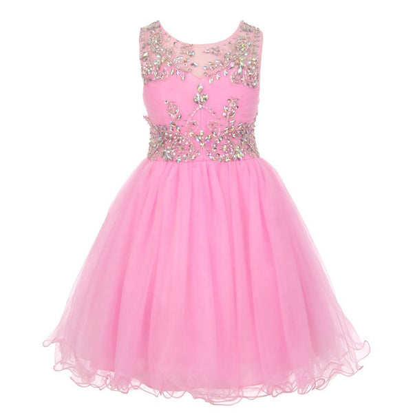 Big Girls Pink Tulle AB Stone Wired Flower Girl Dress 8-16 - SophiasStyle.com